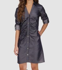Michael Kors Women's Blue Ruched Front Roll-Tab Shirt Dress Size S
