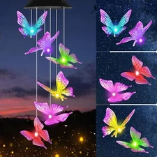 Solar Butterfly Wind Chimes Colors Changing Light Outdoor Garden Yard Tree Decor