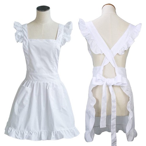 Outline Retro White Apron with Pockets Adjustable Victorian Maid Bib - Picture 2 of 8