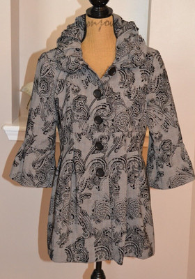 Boho Chic Black/gray Raised Velvet Plaid button Dressy pleated jacket, S