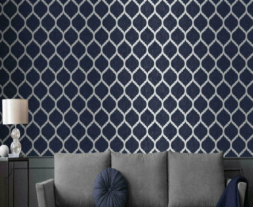 Navy Blue Metallic Wallpaper Silver Geometric Trellis Textured Feature - Picture 6 of 6