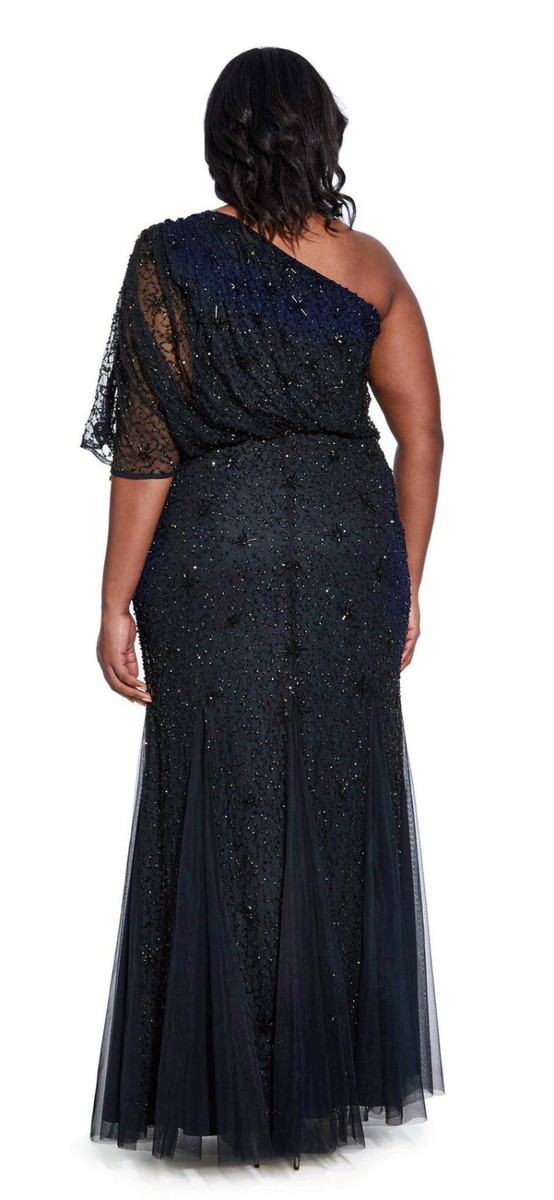 Adrianna Papell Midnight/Black Beaded One Shoulder Formal Dress Plus 16W  $379