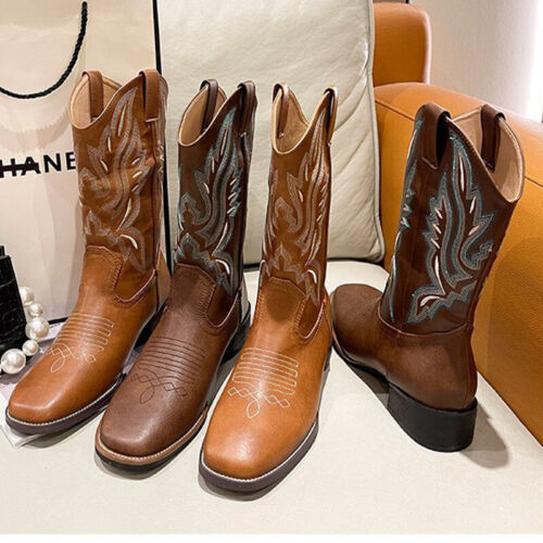 Damen Bestickt Western Mid Calf Cowgirl Stiefel Blockabsatz Stiefeletten Schuhe - Bild 6 von 26