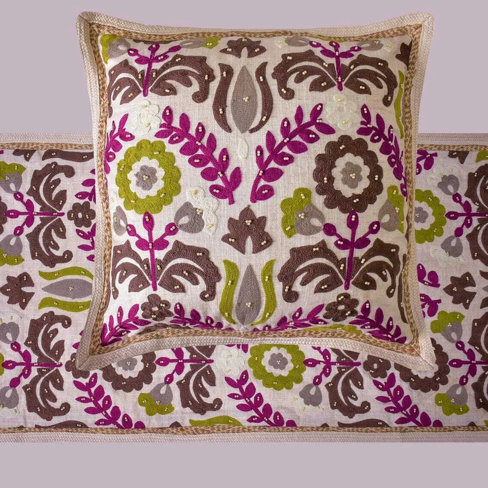 Corredor de cama decorativo de solteiro rosa algodão, pérolas, borda de renda de juta - floral folclórico - Imagem 4 de 4