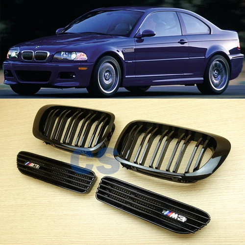 Side Fender Air Cover+ M Style Front Grille Gloss Black For BMW E46 M3 2001-2006