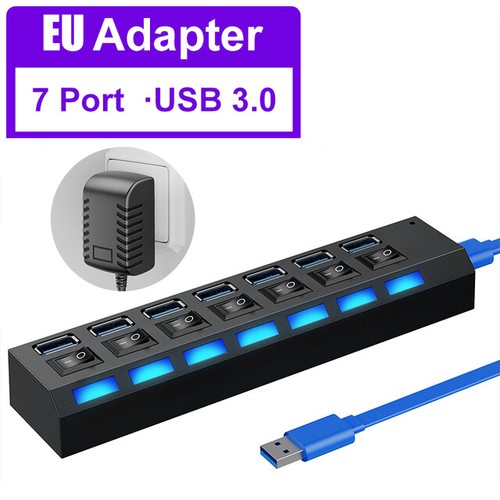 Hub USB 3.0 4 7 puertos adaptador divisor con fuente de alimentación activa distribuidor para PC portátil - Imagen 14 de 14
