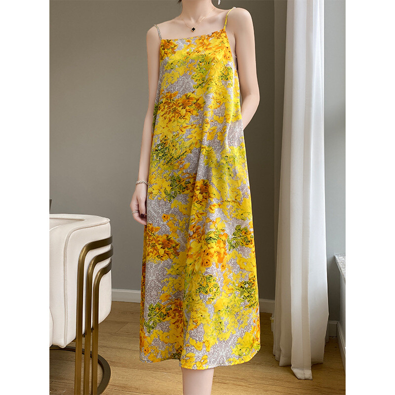 yellow satin summer dress Women's Satin Summer Floral Print Yellow Slip Long Dress