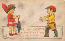 I'd Like to Catch A Train to Visit You Baseball Boy Catcher artist Wall postcard