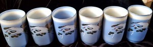 Rare Full Set Of 6 Vintage Japanese Crowned Crane Blue White, W 14 Karat Gold