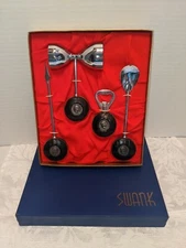 Vintage Swank 4pc Cocktail Bar Mixing Set Leather Handle With Greek Head