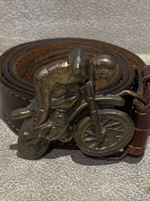 Vtg Brass Rider on a Dirt Bike Belt Buckle attached to a 29-34W Leather Belt