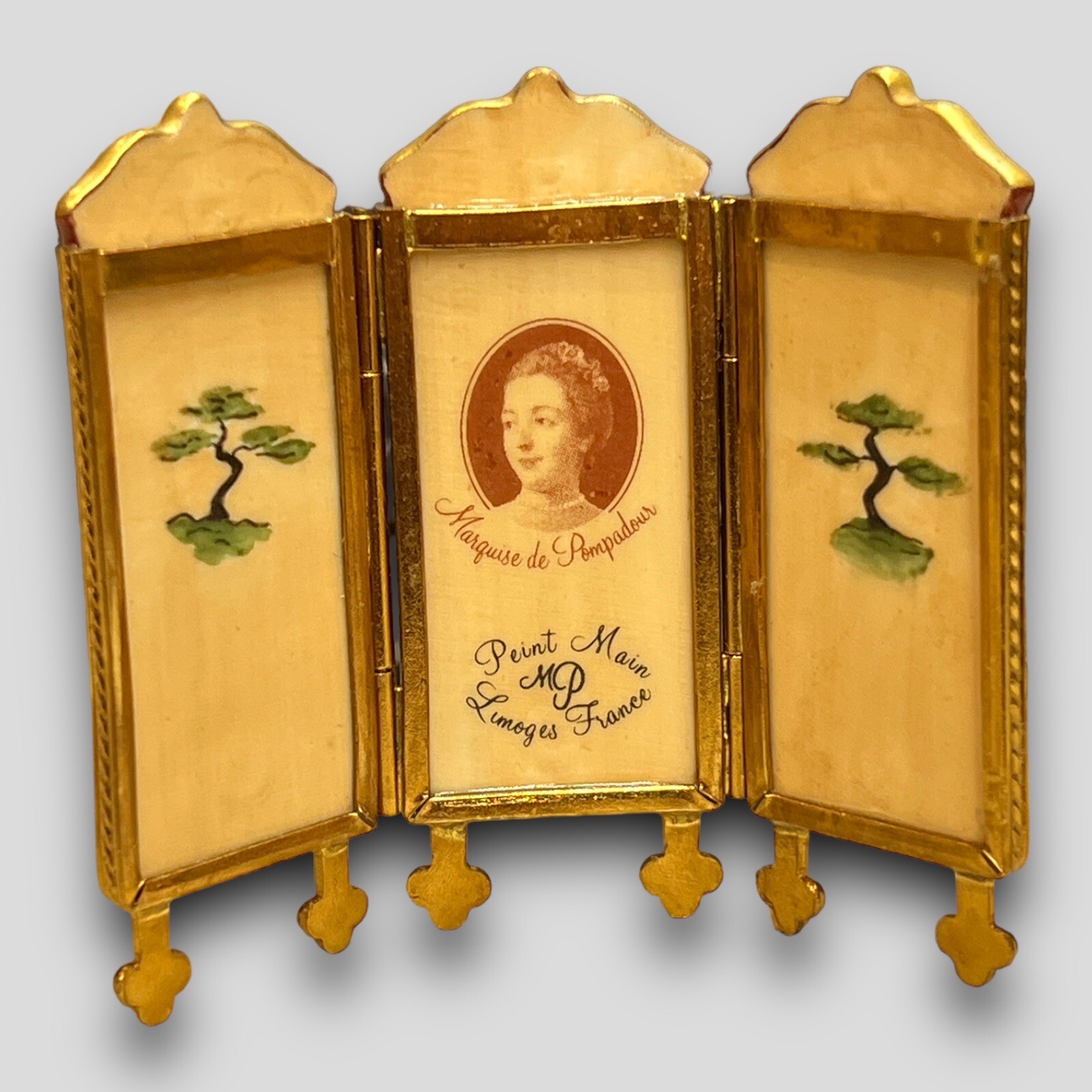 Vintage Limoges France Porcelain Trinket Box Oriental Asian Screen