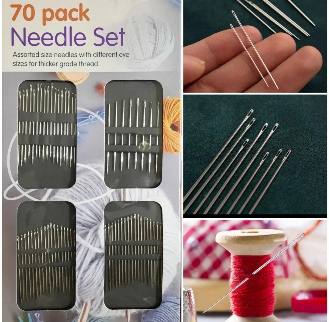70pack THREADING SEWING NEEDLES - ASSORTED SIZES - EASY THREAD