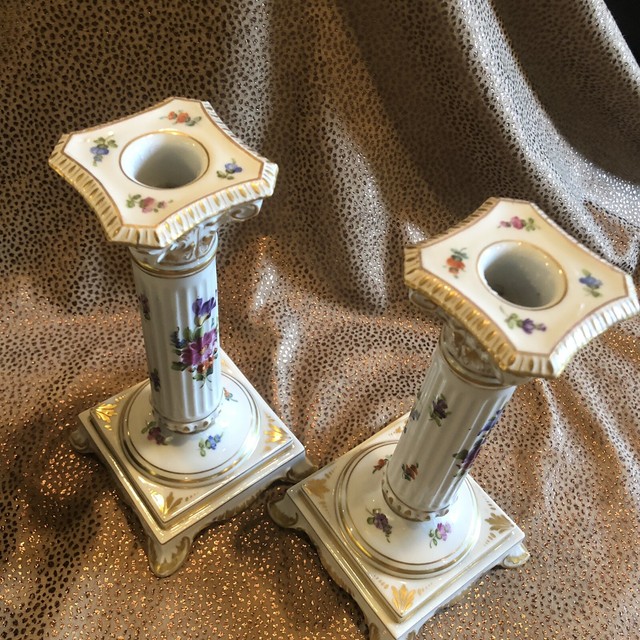 1 Lot of Two Dresden Candle Holders w/ Vintage Bavarian Pierced