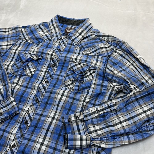 Cowboy Up Shirt Mens Large L Blue Plaid Western Pearl Snap Thick Stitch Pockets - Picture 3 of 16
