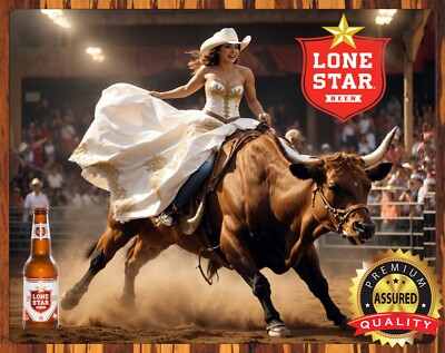 Lone Star Beer - Cowgirl Rodeo Bull - Rare - Metal Beer Sign 11 x 14