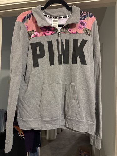 Victorias Secret Pink Sweatshirt Womens Large Quarter Zip Gray Floral Tropical - 第 1/5 張圖片