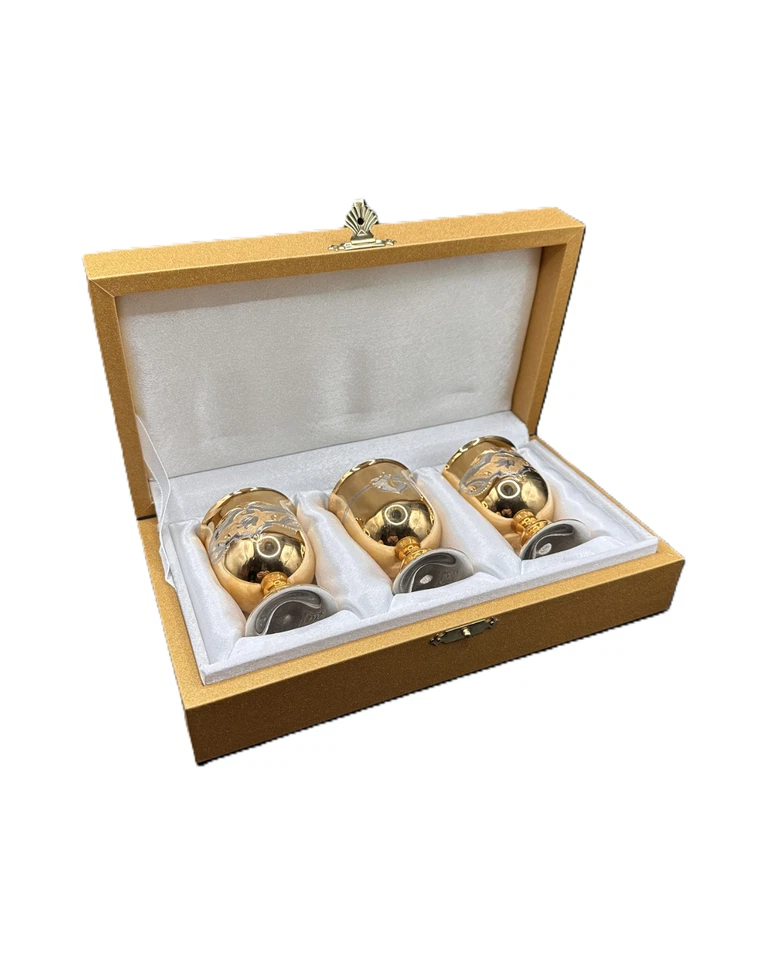 Rare Russian Gold Plated Shot Glass Set of 3 in Box with Certificate Never Used - Image 2 of 4