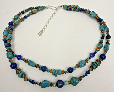 Jay King DTR Sterling Silver Turquoise Amber Lapis 2 Strand Bead Necklace 18-21''