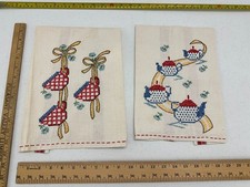 2 Hand Embroidered Vintage Hand Towels Tea Cups Tea Pot Decorative Linen