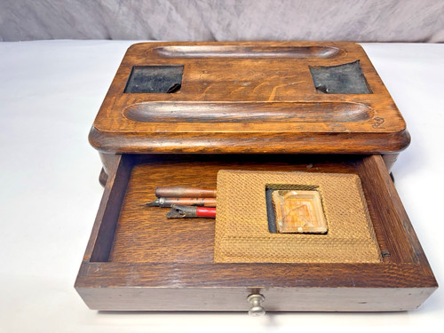 Antique Wooden Tote Inkwell with Pull Out Drawer Marking on Bottom SI-14