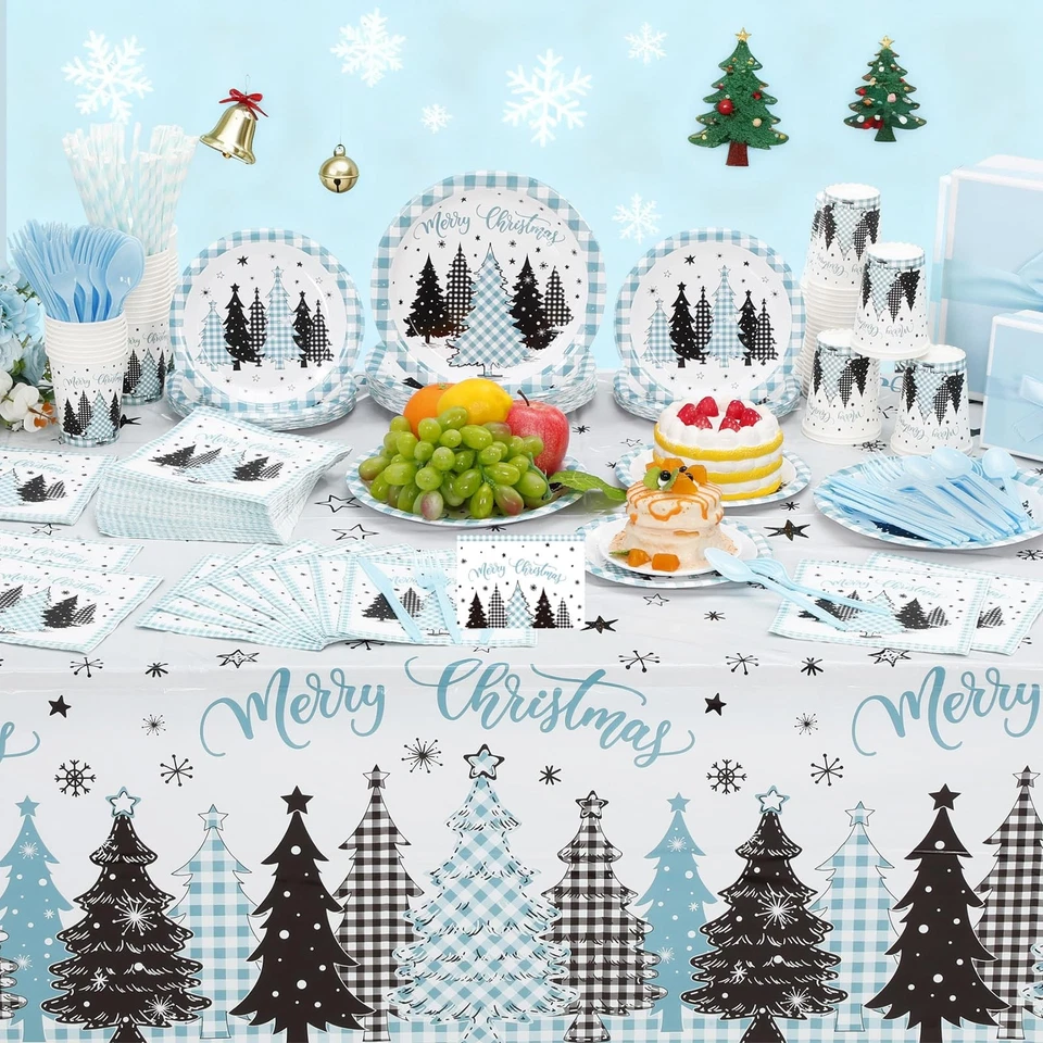 452 Pcs Light Blue Christmas Party Supplies for 50, Plaid Gingham Tree Blue C... - Image 4 of 4