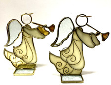 Stained Glass Suncatcher Angels with Trumpets 7" Tall Set of 2
