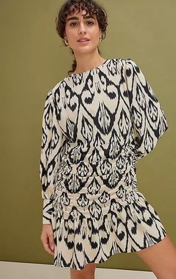 FREEMANS Wickeltunikakleid mit Ikat-Muster Schwarz/Creme Rundhals Langarm