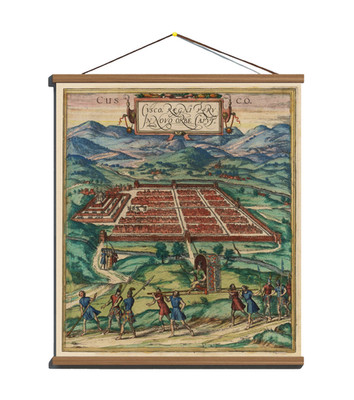 Antique 1574 Panoramic Map View of Cusco in Peru; Canvas Magnetic Wooden Hanger