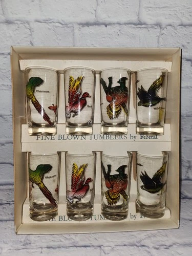 Set Of 8 The Federal Glass Company  Game Bird Tumblers Vintage
