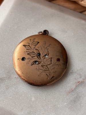  Antique Gold Filled Locket w Photos Victorian Floral Engraved Paste Mourning