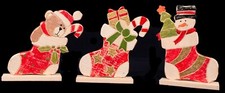 Christmas Decorations Set of 3 Rustic s Wood Carved Painted NEW