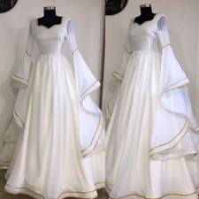 Elegant Long Sleeves Wedding Dresses A Line V Neck Satin Chiffon Bridal Gowns