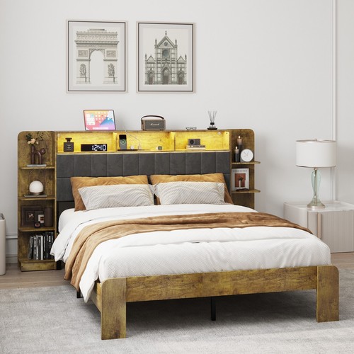 Queen Upholstered Bed Frame with LED and Charging,Linen Headboard with Shelves - Picture 4 of 11