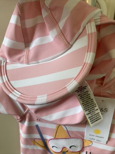 M&S Baby Girl Sun Smart Pink Sripe Swimsuit & Hat 3-6 Months UPF 50+ Brand NEW - Picture 5 of 6
