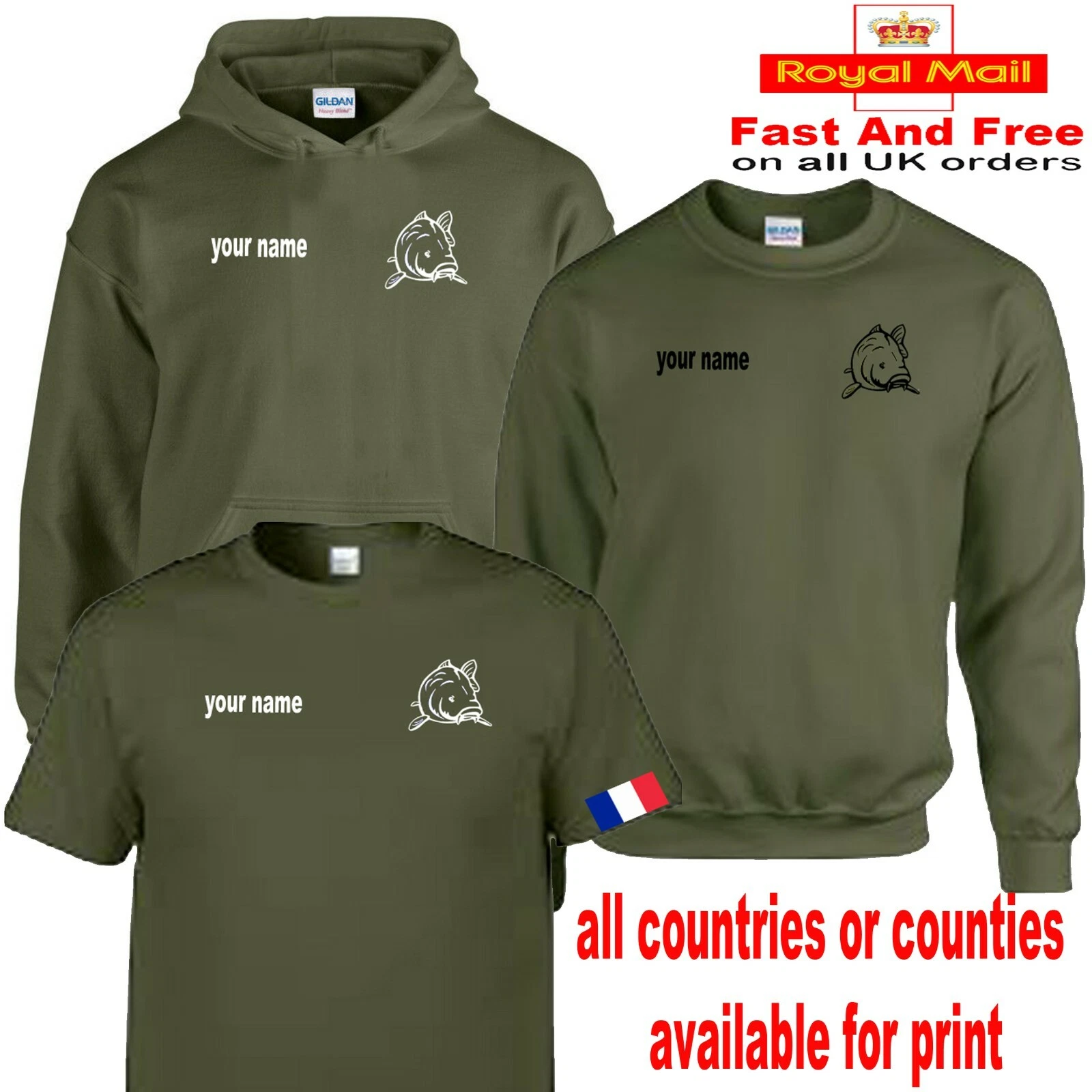 fishing t shirt jumper or hoodie with personalised name flag
Opens in a new window or tab