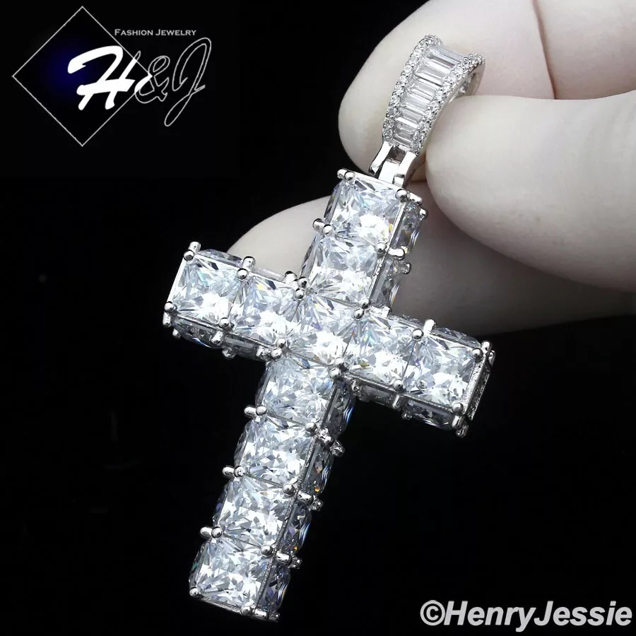 MEN SOLID 925 STERLING SILVER FULL ICY BAGUETTE CZ 3D BIG CROSS  PENDANT*SP445