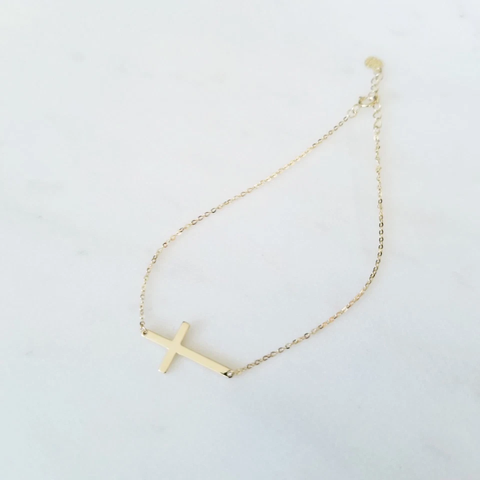 Brazalete Cruz Lateral Oro Amarillo Sólido 14K - Dije Eslabón Cadena Rolo Mujeres Hombres Foto 3 de 3