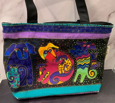 Laurel Burch Small Canvas Tote Handbag Purse Zipper Dogs
