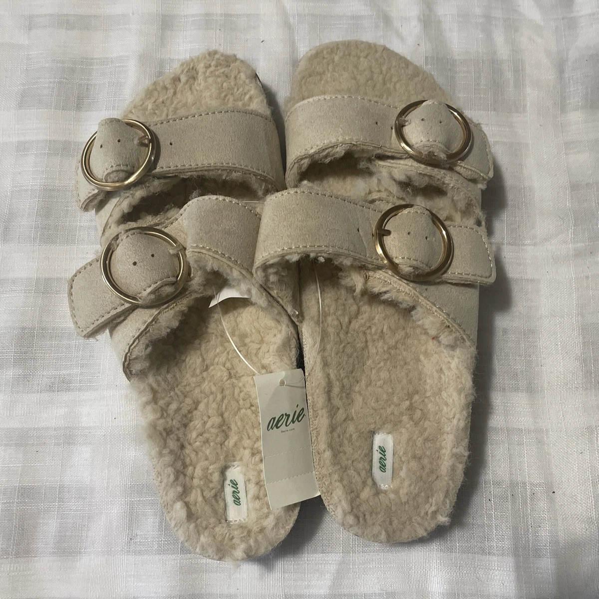 Aerie Faux Fur Double Strap Sandals Size 8 Beige