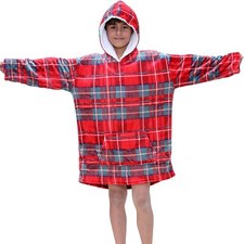Kids Boys Girls Oversized Hoodie Red Tartan Printed Snuggle Soft Fleece Blanket