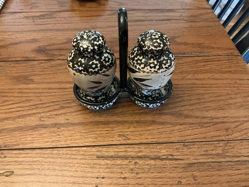 Porcelain Salt & Pepper Shakers with Handled Carrier by Temp-tations LLC - Picture 1 of 5