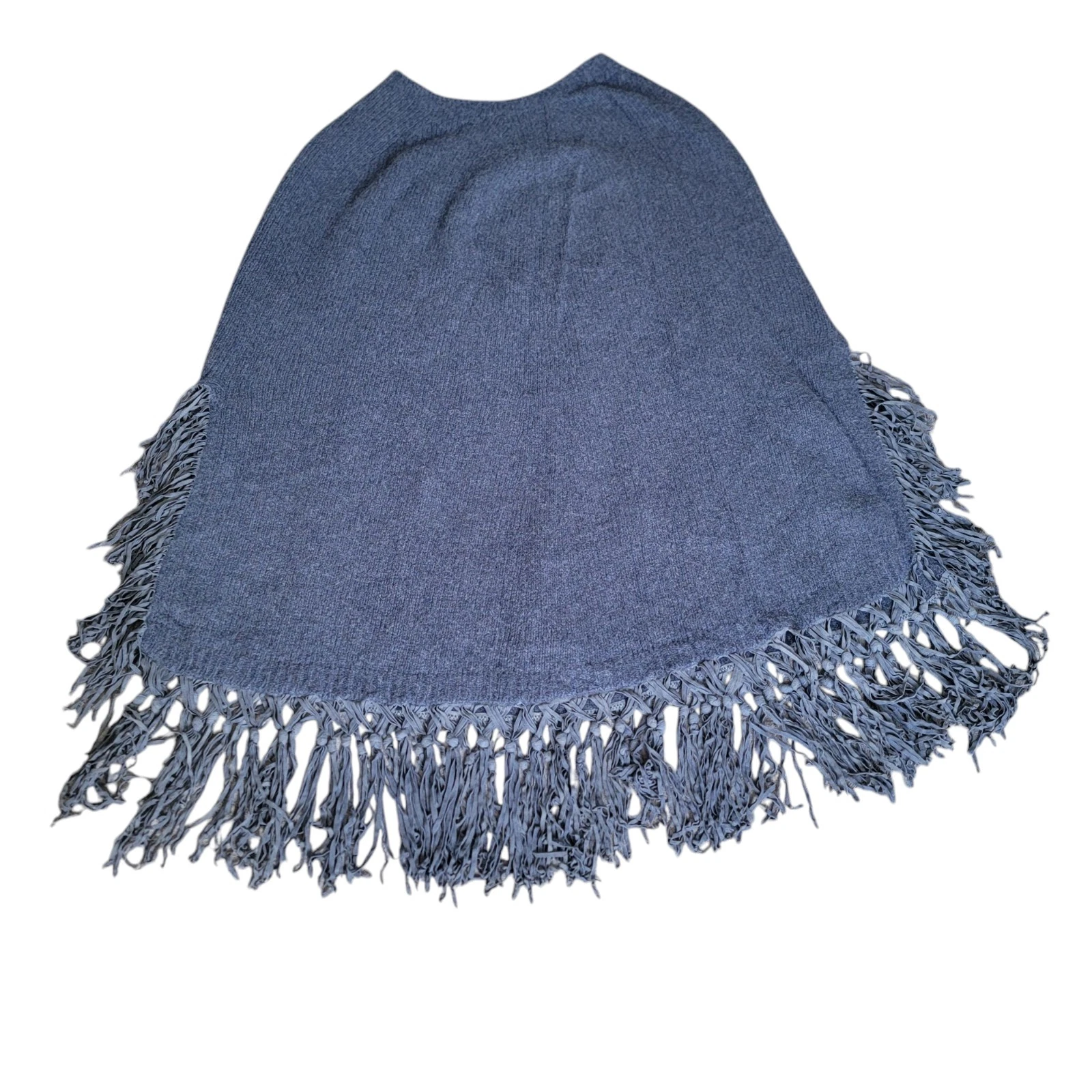100% Cashmere Made In Italy Poncho In Blue Fringe Hem