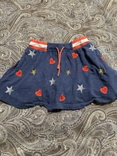 Mini Boden Girls' Embroidered Jersey Skirt in blue with red hearts Size 7-8