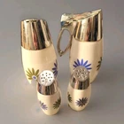 Vintage Westinghouse Gemco Milk Glass Condiment Set Blue & Green Daisy 1960-70's
