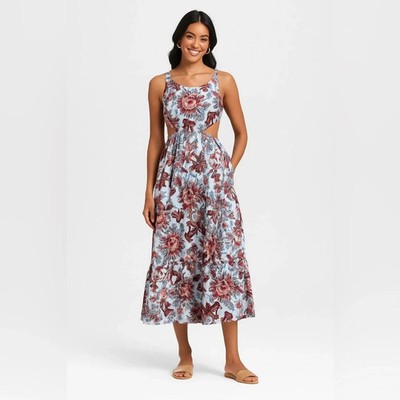 RHODE x Target Leafy Floral Cutout Maxi Dress Light Blue Cotton Boho Pockets L