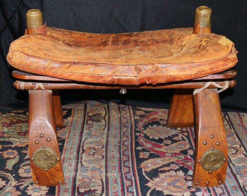 Vintage Egyptian Camel Saddle Ottoman Footstool Leather Brass