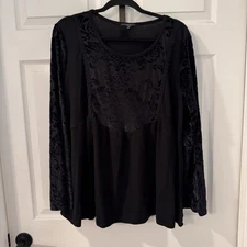 SIGNATURE STUDIO Burnout Velvet Thermal Waffle Knit Top Whimsigoth Black Sz 1X