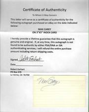 MAX CAREY - HALL OF FAME - PIRATES -SIGNED AUTO ON 3"X5" INDEX CARD W/COA
