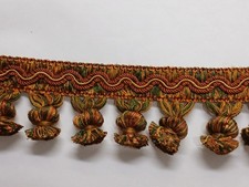 4 yardas 2" FRINGE BOLA - VERDE/ÓXIDO-MARRÓN/DORADO Pom Pom tapicería tela ribete